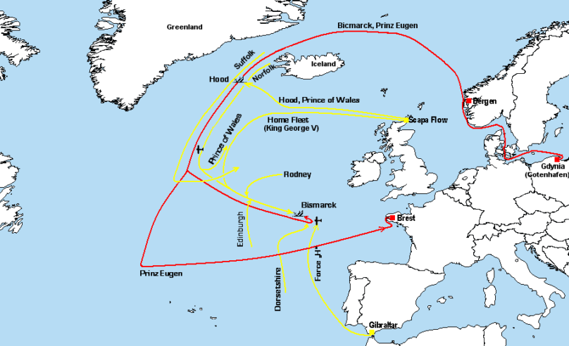 Карта-схема преследование «Бисмарка»: красный - немецкая эскадра, жёлтый - британский флот.