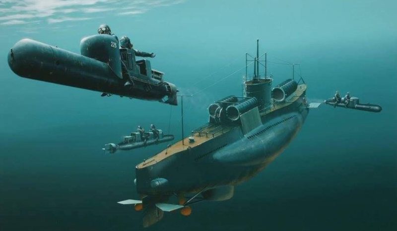 Итальянская подлодка «Scirе» выпускает человекоуправляемые торпеды «Майяле».