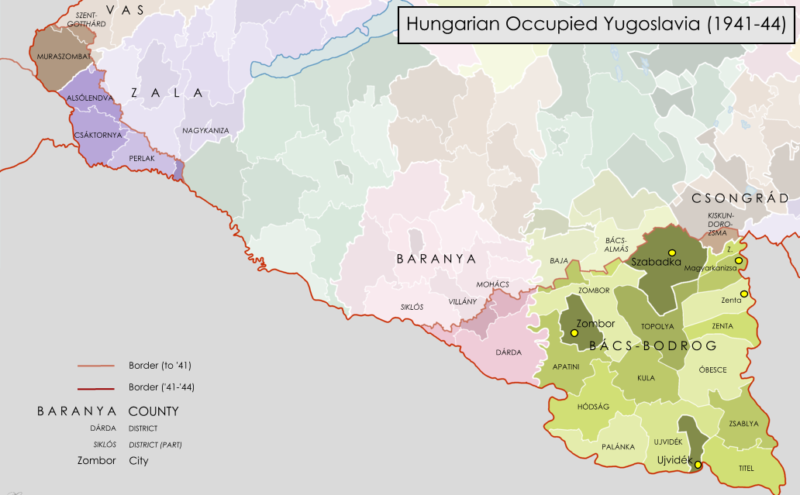 Карта административно-территориального деления земель Югославии под управлением Венгрии.