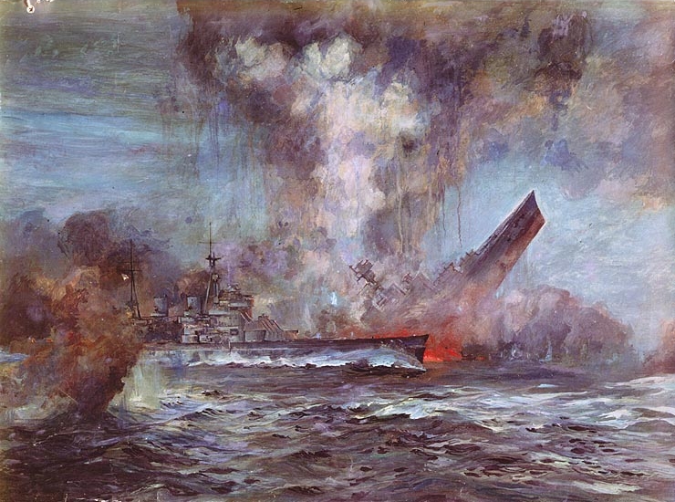Фрагмент боя крейсера «Худ» и линкора «Бисмарк» глазами художника JC Schmitz-Westerholt.