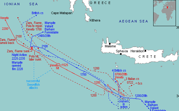 Карта-схема битвы у мыса Матапан, 28 марта 1941 г. 