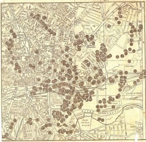 Карта мест падения бомб в Ноттингеме.