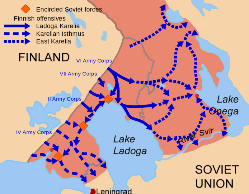Карта наступательных операций Финляндии в Карелии, проведенных летом и осенью 1941 года.