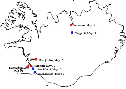 Карта установления контроля за Исландией. Синие точки – возможные места высадки воздушного десанта. Красные точки - важнейшие порты. 