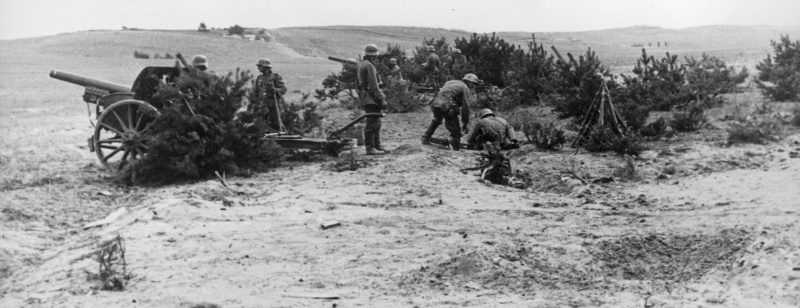 Батарея немецких 100-мм пушек под Новгородом. Август 1941 г. 