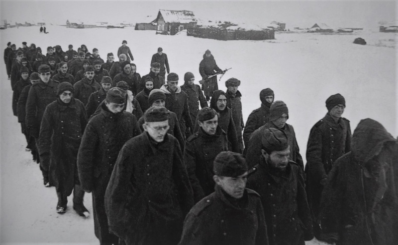 Немецкие военнопленные, конвоируемые по деревне под Сталинградом. 1943 г. 