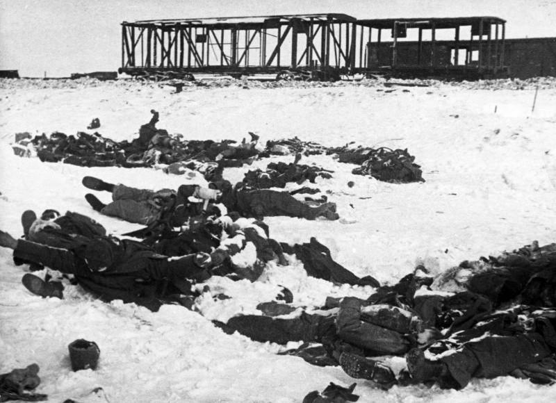 Тела немецких солдат у разбитых железнодорожных вагонов под Сталинградом. 1943 г. 
