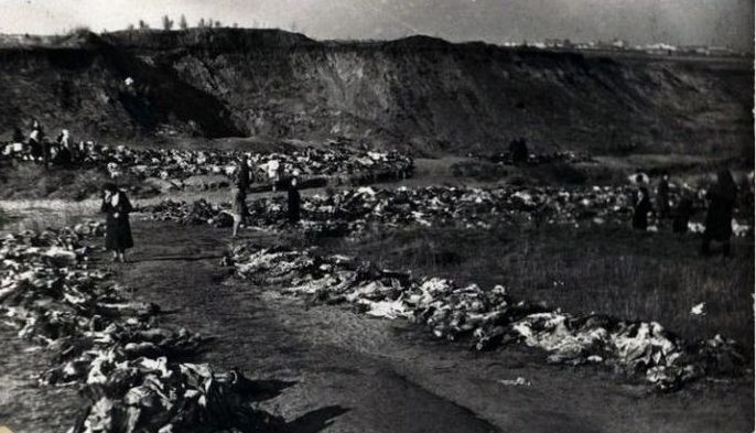 Эксгумация тел расстрелянных мирных жителей в Песчаном логу. Октябрь 1943 г.