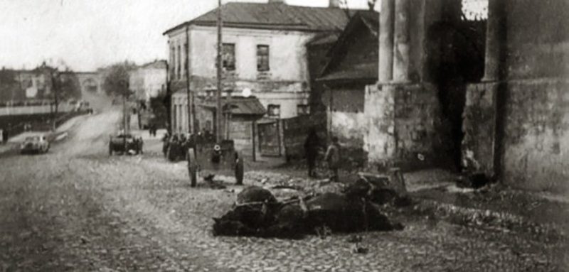 Убитая лошадь и брошенное советское орудие при отступлении красноармейцев. 12 октября 1941 г.