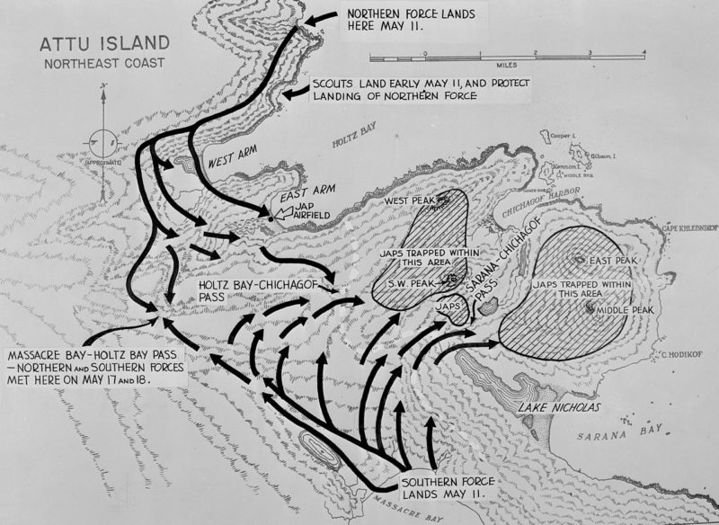 Схема действий американской армии на острове Атту. 11-30 мая 1943 г.