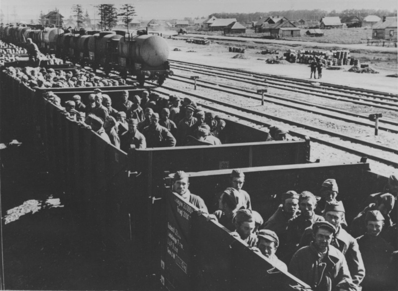 Советские военнопленные в открытых товарных вагонах на вокзале Витебска. Сентябрь 1941 г.