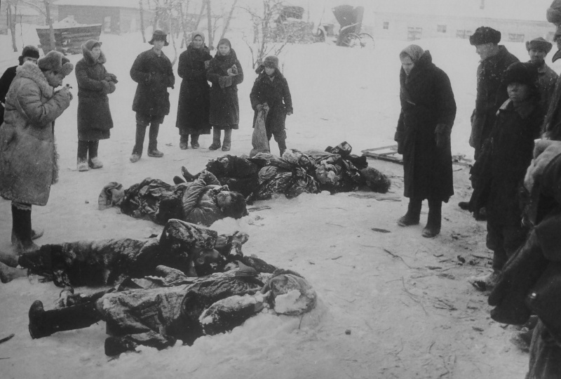 Горожане у тел, расстрелянных земляков и военнопленных 30 декабря 1941 г.