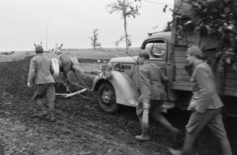 Венгерские солдаты вытаскивают грузовик с помощью запряженных лошадей. 1942 г. 