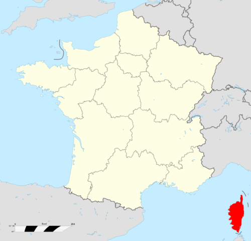 Остров Корсика (красный цвет) относительно материковой территории Франции.