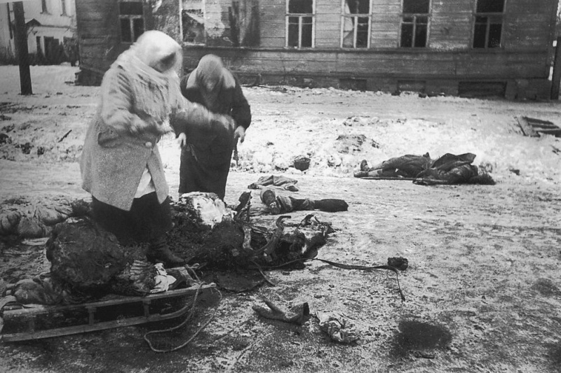 Жители блокадного Ленинграда разделывают убитую лошадь на мясо. 1941 г.