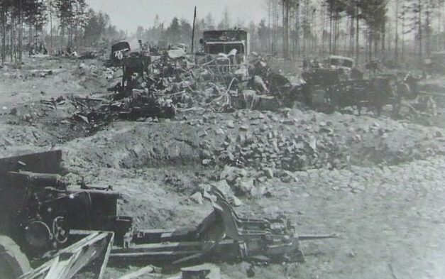 Колонна 9-й немецкой армии, уничтоженная советскими штурмовиками у Бобруйска. Июль 1944 г. 