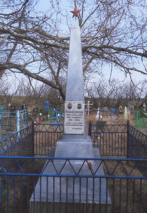 с. Малые Угоны Льговского р-на. Обелиск, установленный в 1966 году на могиле партизан - супругов Романенко.
