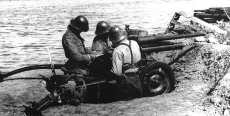 Расчет 47-мм противотанкового орудия Бреда на берегу Азовского моря. Июнь 1942 г.