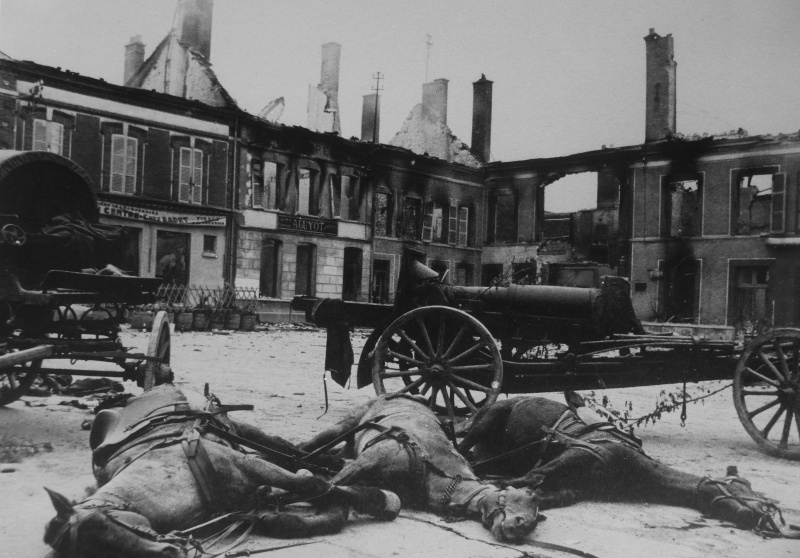 Лошади, погибшие после авианалета на площади населенного пункта западнее Парижа. Июнь 1940 г. 