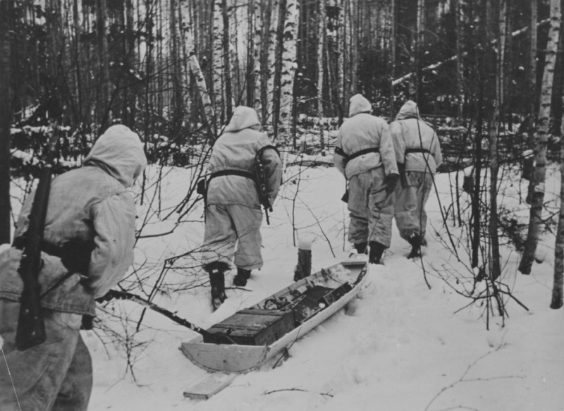 Солдаты дивизии СС «Мертвая голова» доставляют боеприпасы на волокуше в котле.