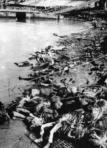 Груды трупов китайцев, лежащих вдоль берега реки Янцзы. Нанкин, 1937 г. 