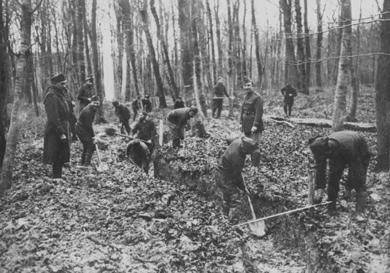 Французские солдаты роют окопы в лесу на Западном фронте. Осень 1939 г.