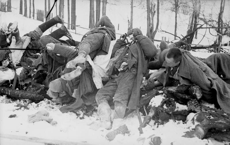 Горы замерших трупов немецких солдат в «котле» ожидают весны. Февраль 1942 г.