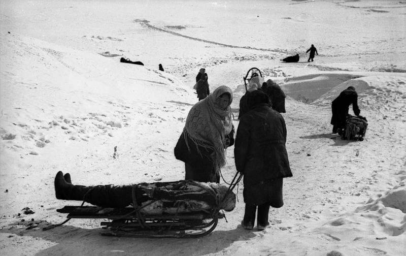 Местное население вывозит тела погибших на кладбище на окраину города. Февраль 1942 г.