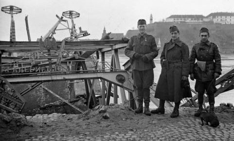 Венгерские солдаты у разрушенного моста через Дунай в югославском городе Нови-Сад. Апрель 1941 г.