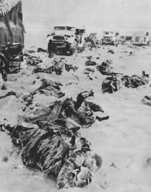 Тела итальянских солдат у разбитой колонны под Сталинградом. Февраль 1943 г.