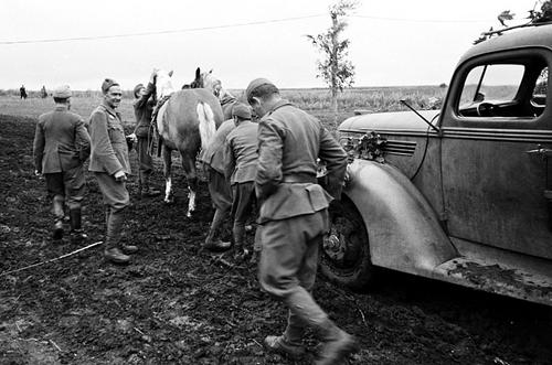 Лошади тянут сломанный грузовик «Форд» на Восточном фронте. 1942 г. 