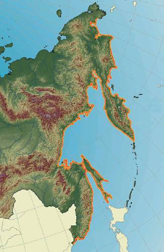 На карте восточного побережья СССР оранжевой линией обозначена протяженность Тихоокеанского вала.