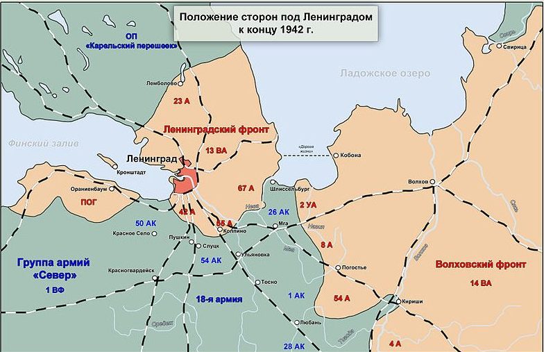 Карта–схема положение под Ленинградом к концу 1942 г.