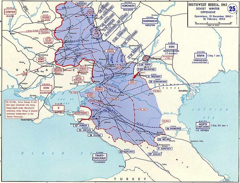 Карта-схема советского наступления 13 декабря 1942 - 13 февраля 1943 года. 