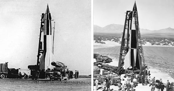 Слева советская ракета Р-1 (1948г.), справа немецкая Фау-2 (1942г.).