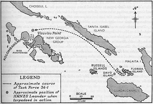 Схема подхода американской эскадры к месту боя у Коломбангара.