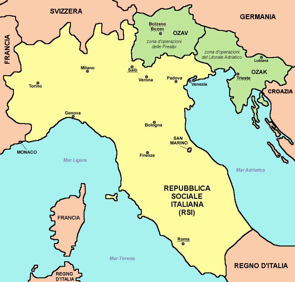 Карта Республики Сало. Районы, отмеченные зеленым, были официально частью Республики, но были признаны Германией как районы военной операции и находятся под прямым контролем Германии.