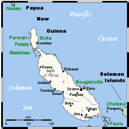 Острова Бугенвиль и Бука на карте. 