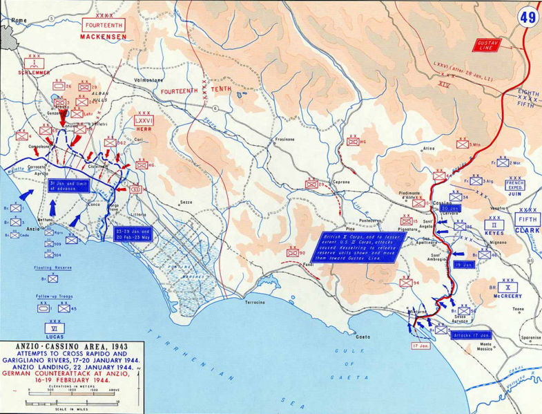 Позиции Союзников в Монте-Кассино и Анцио, январь-февраль 1944 г.