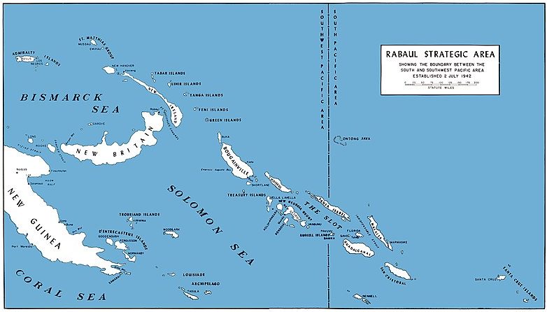 Карта юго-западной части Тихого океана, где произошёл бой между американскими и японскими истребителями.