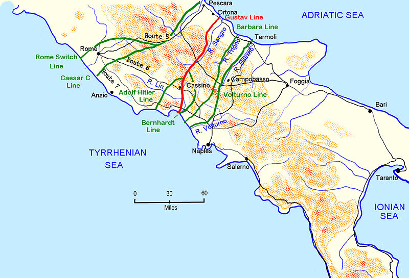 Карта-схема немецких оборонительных рубежей в Италии. 