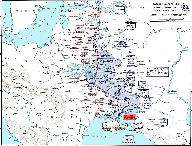Карта-схема боевых действий на Восточном фронте с июля по декабрь 1943 г.