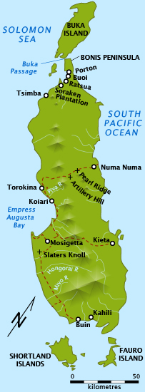 Карта бухты Императрицы Августы на западном побережье Бугенвиля.