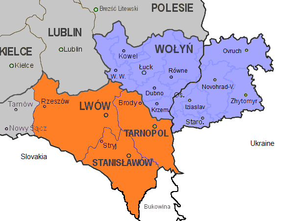 Карта Волыни и Восточной Галиции на 1939 г.