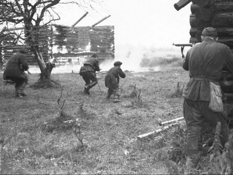 Партизаны выбивают из деревни карательный отряд. Ленинградская область, август 1942 г. 