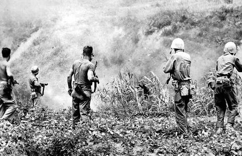 Японский солдат сдается морпехам на тростниковом поле на Окинаве. 1945 г.