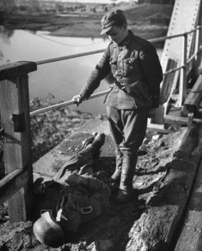 Финн у трупа немецкого солдата. Октябрь 1944 г.
