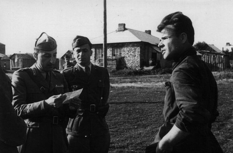 Итальянские офицеры допрашивают пленного командира РККА. Август 1942 г. 