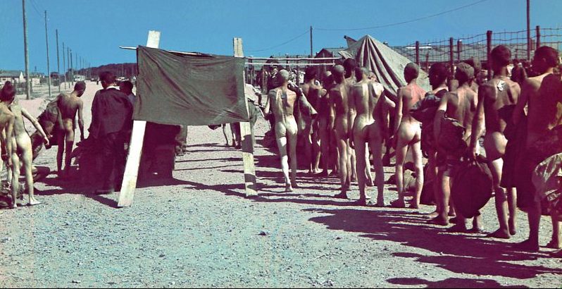 Советские военнопленные проходят дезинфекцию в лагере Цайтхайн. Лето 1942 г.