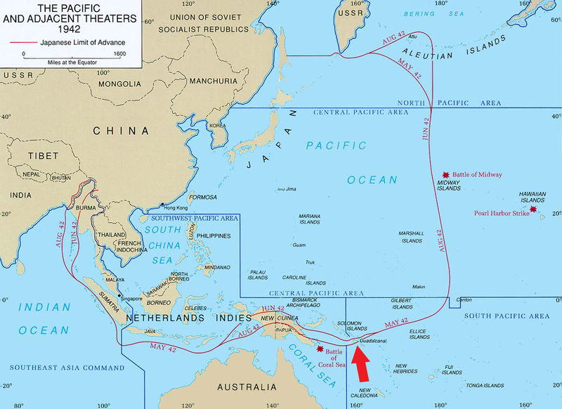 Остров Гуадалканал на Тихоокеанском ТВД, летом 1942 года. (красной линией обозначена условная линия фронта между Японией и США с союзниками).